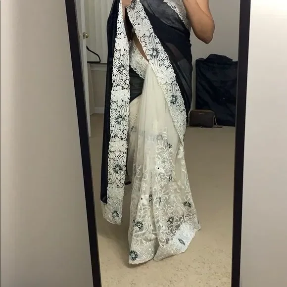 Black and white shimmer net heavy work saree - Picture 2 of 7